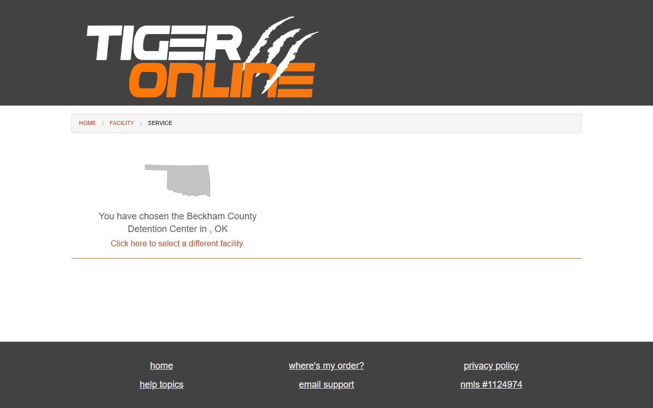 Beckham County Detention Center commissary page for inmate services