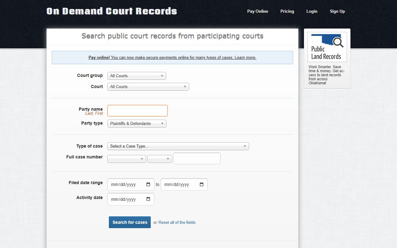 Beckham County court records after arrest ODCR search page